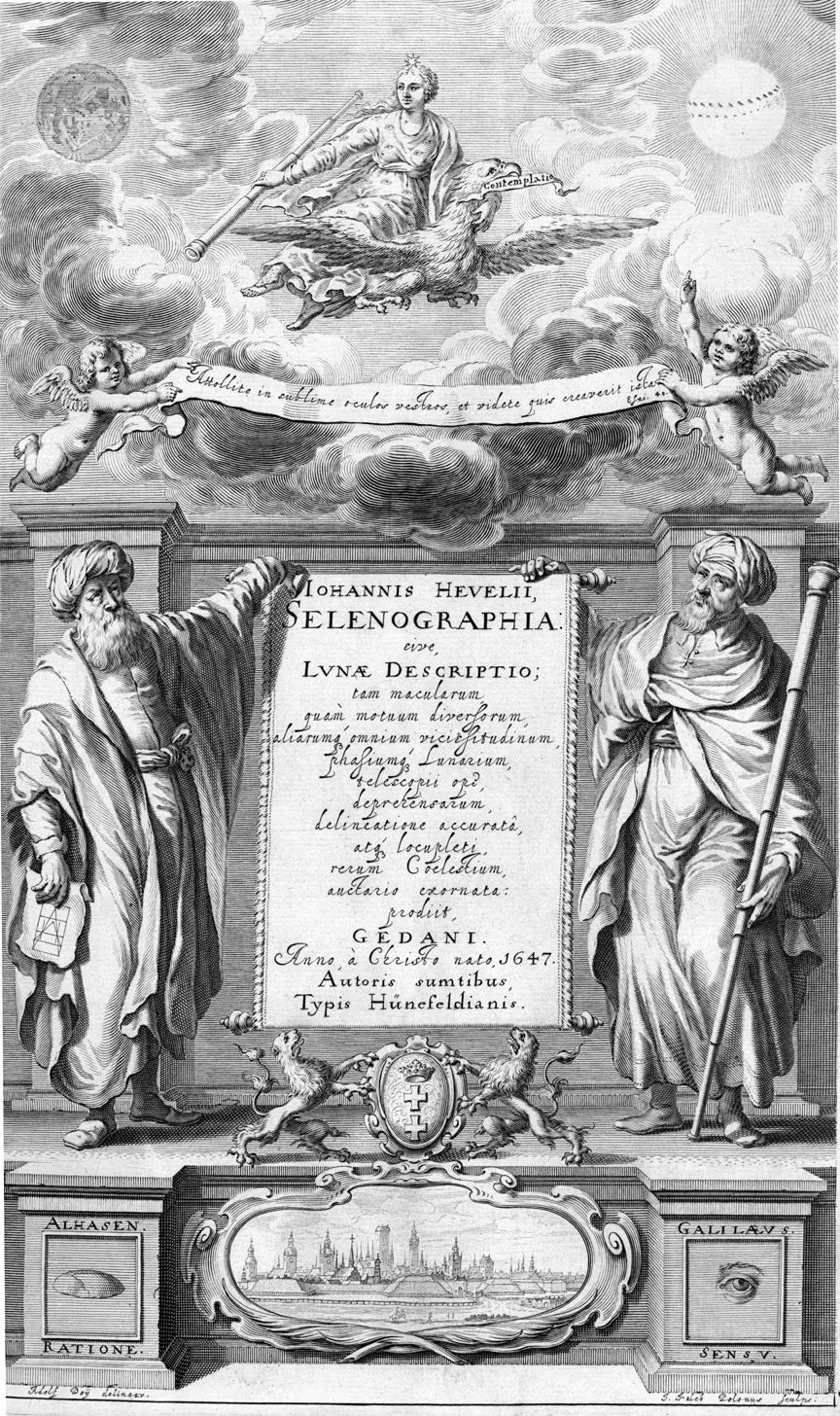Фронтиспис «Селенографии» Гевелия, 1647: Альхазен слева с геометрической фигурой, Галилей справа с телескопом — разум и опыт