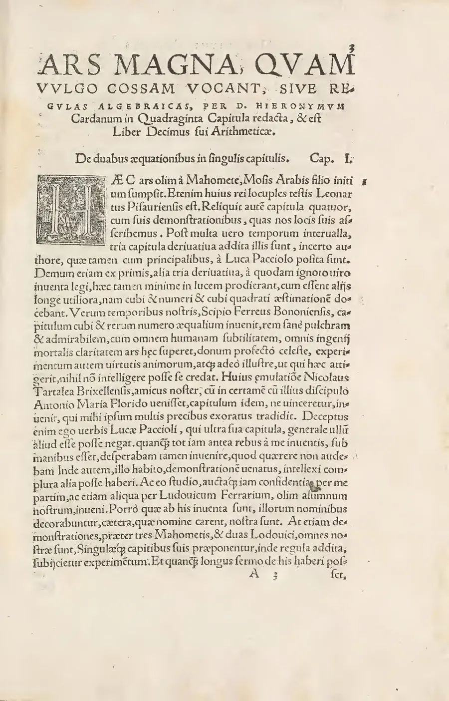 Первая страница «Ars Magna», 1545. Кардано начинает с истории вопроса: дель Ферро, Тарталья, Феррари — и признаёт, что взял чужое