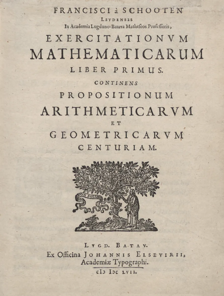 Титульный лист «Математических упражнений» Франса ван Схотена, Лейден, 1657. Пятой частью в книгу вошёл трактат Гюйгенса «О расчётах в азартной игре»