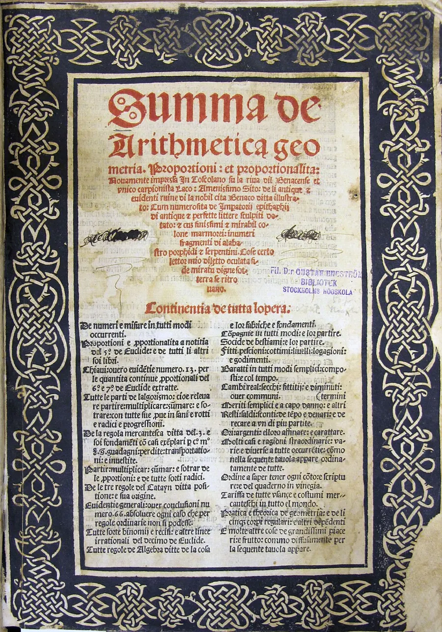 Титульный лист «Суммы арифметики» Пачоли, издание 1523 года. Здесь напечатана задача о разделе ставки — та, что через полтора века дала теорию вероятностей